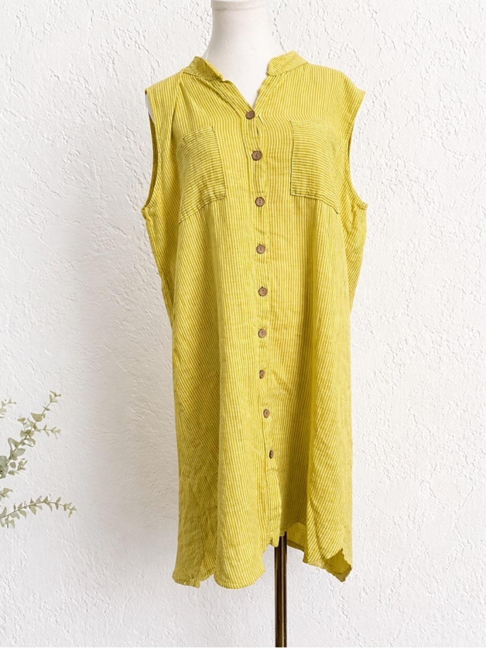 Made in Italy Cotton Tunic Dress Yellow Stripe Button Front Boho L